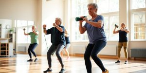 Senior exercising with bands and weights in a gym.