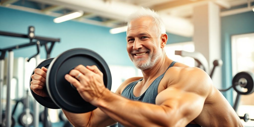 Senior man lifting weights in a vibrant gym setting.