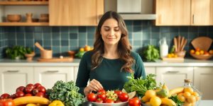 Woman preparing healthy meal in a bright kitchen.