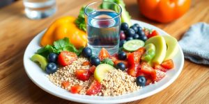 Healthy foods for seniors on a wooden table.