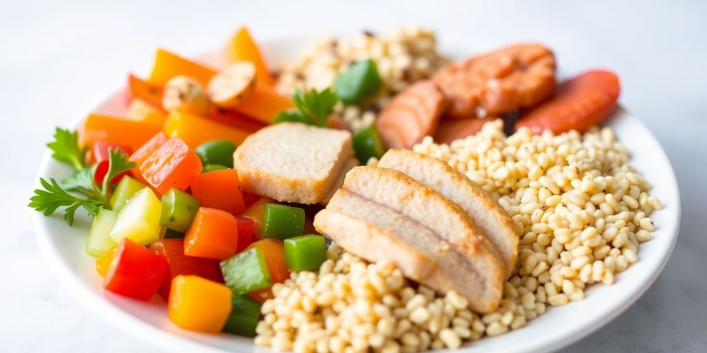 A colorful plate with balanced portions of healthy food.