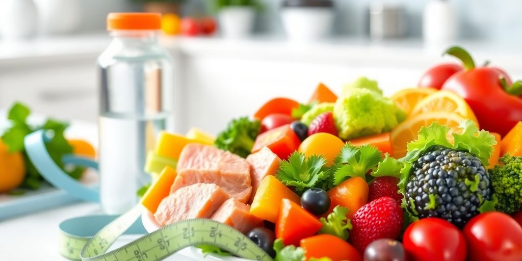Healthy foods with a measuring tape and water bottle.