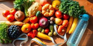Colorful fruits and vegetables on a wooden table.