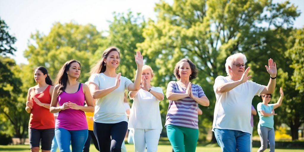 Diverse people enjoying low-impact exercises outdoors.