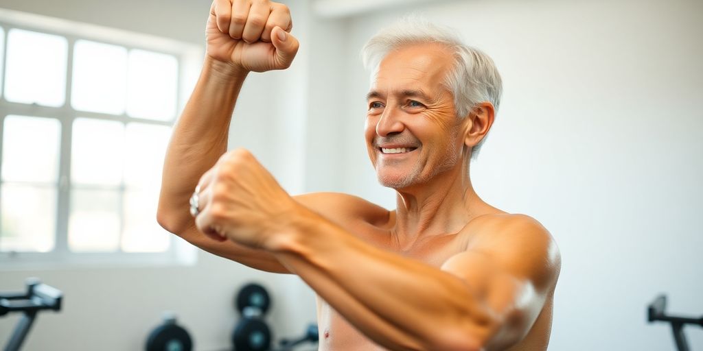 Older adult lifting weights, smiling.