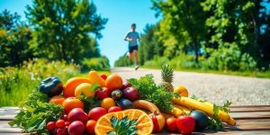 Person running outdoors with healthy food
