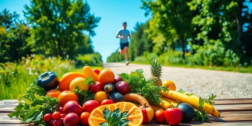 Person running outdoors with healthy food