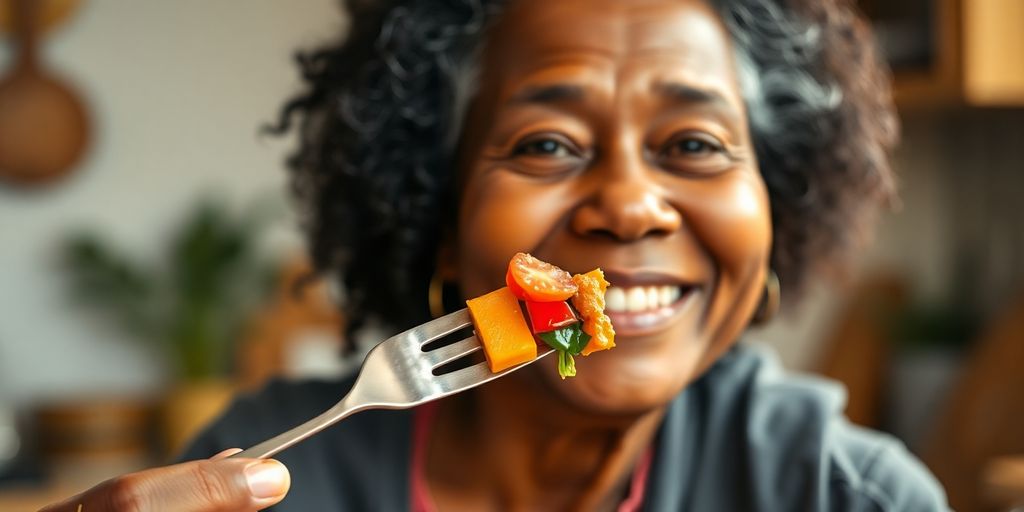 Senior adult enjoying healthy, colorful meal at home